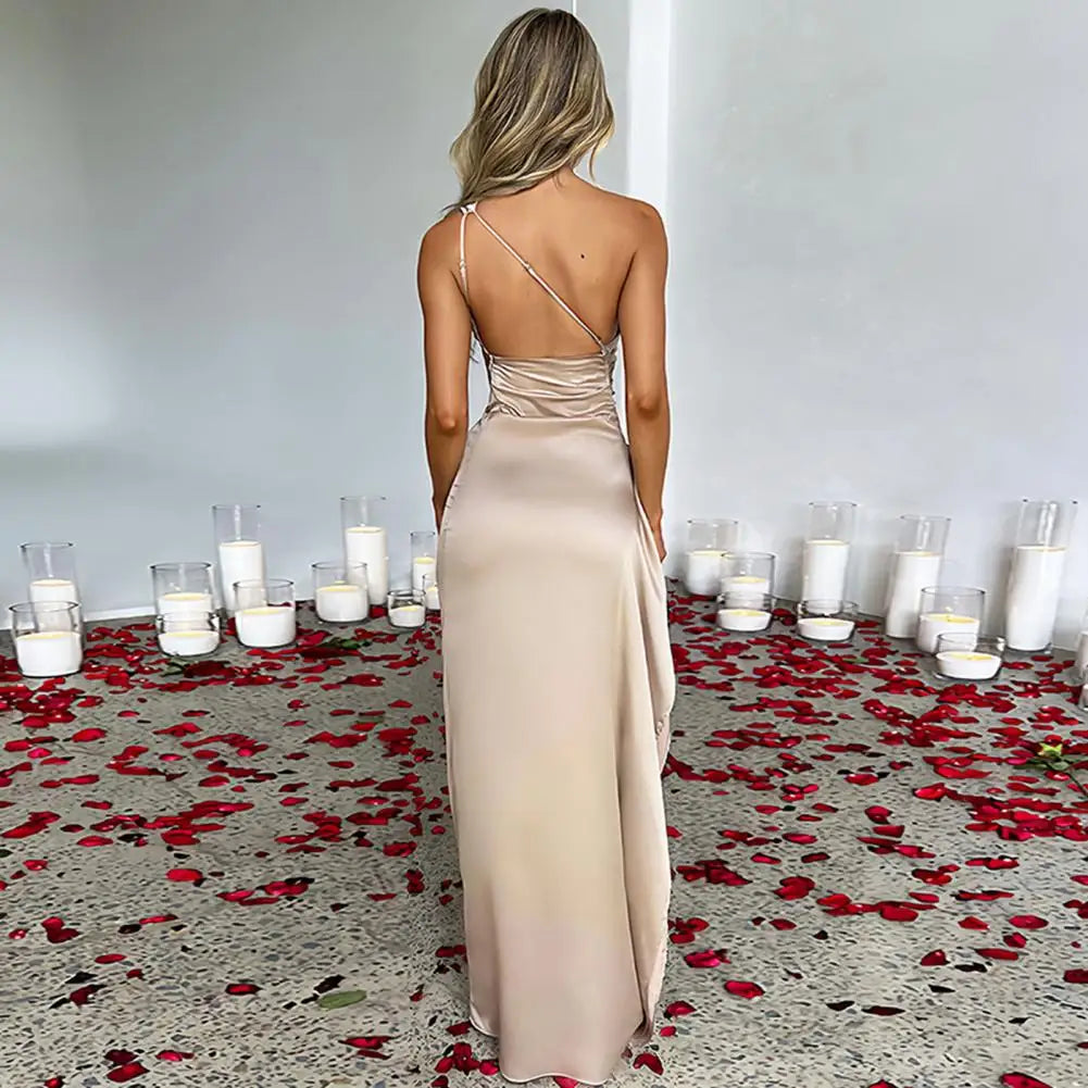 Lady Evening Dress One Shoulder Sleeveless Split Hem Solid Color Slim Waist Pleated Prom Cocktail Party Maxi Dress Ball Gown