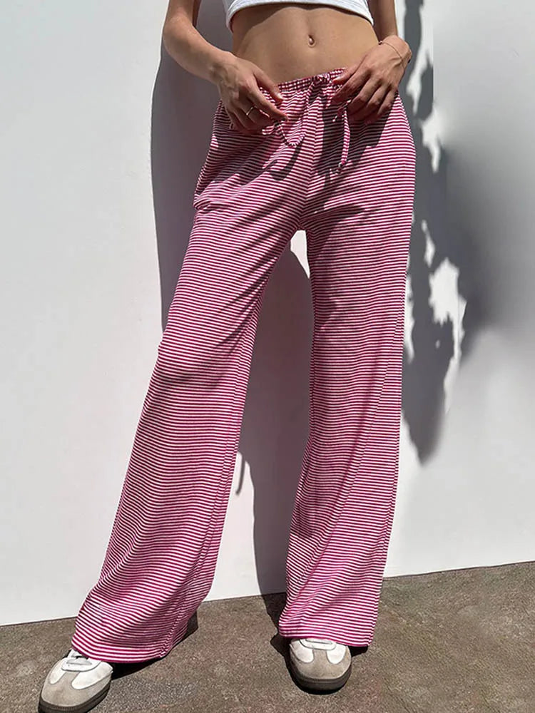 Women'S Stripe Drawstring Low Waist Sweatpants Casual Elastic Baggy Straight Leg Pants Loose Fit Summer Streetwear Trousers