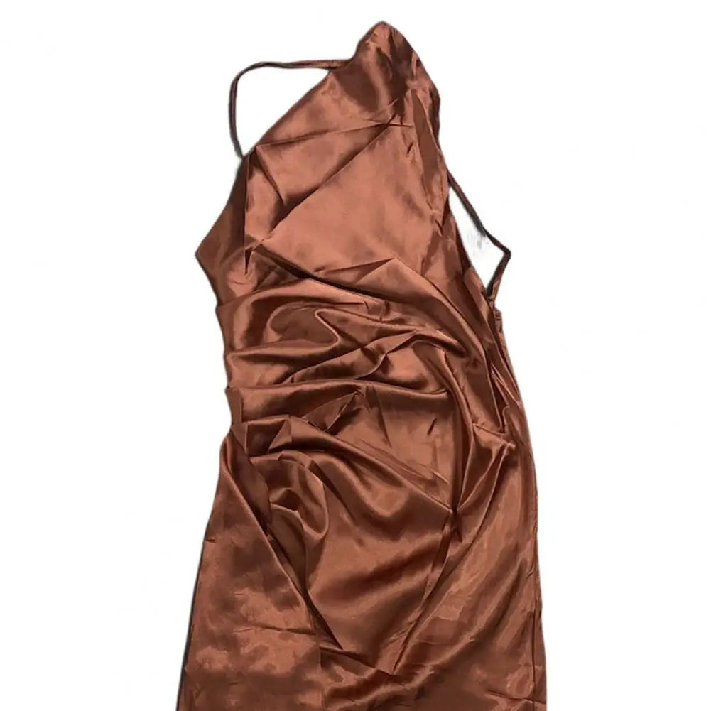 Lady Evening Dress One Shoulder Sleeveless Split Hem Solid Color Slim Waist Pleated Prom Cocktail Party Maxi Dress Ball Gown