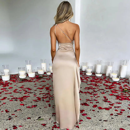 Lady Evening Dress One Shoulder Sleeveless Split Hem Solid Color Slim Waist Pleated Prom Cocktail Party Maxi Dress Ball Gown