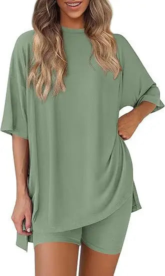 2025 Spring Summer Set Loose Fashion Solid Color Casual Loose Short Sleeve Shorts Set with Pocket Two Piece Suit Pijama Mujer