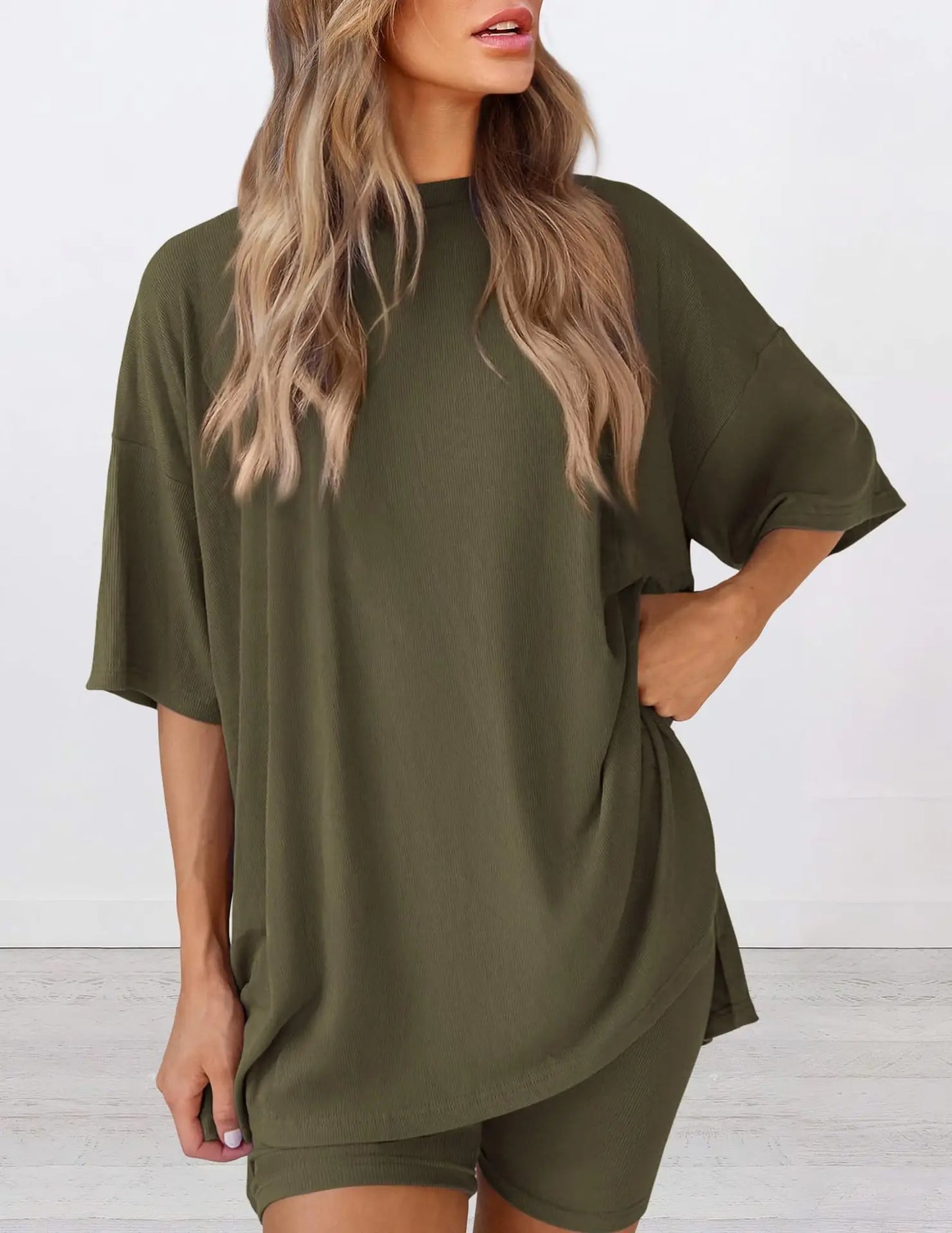 2025 Spring Summer Set Loose Fashion Solid Color Casual Loose Short Sleeve Shorts Set with Pocket Two Piece Suit Pijama Mujer
