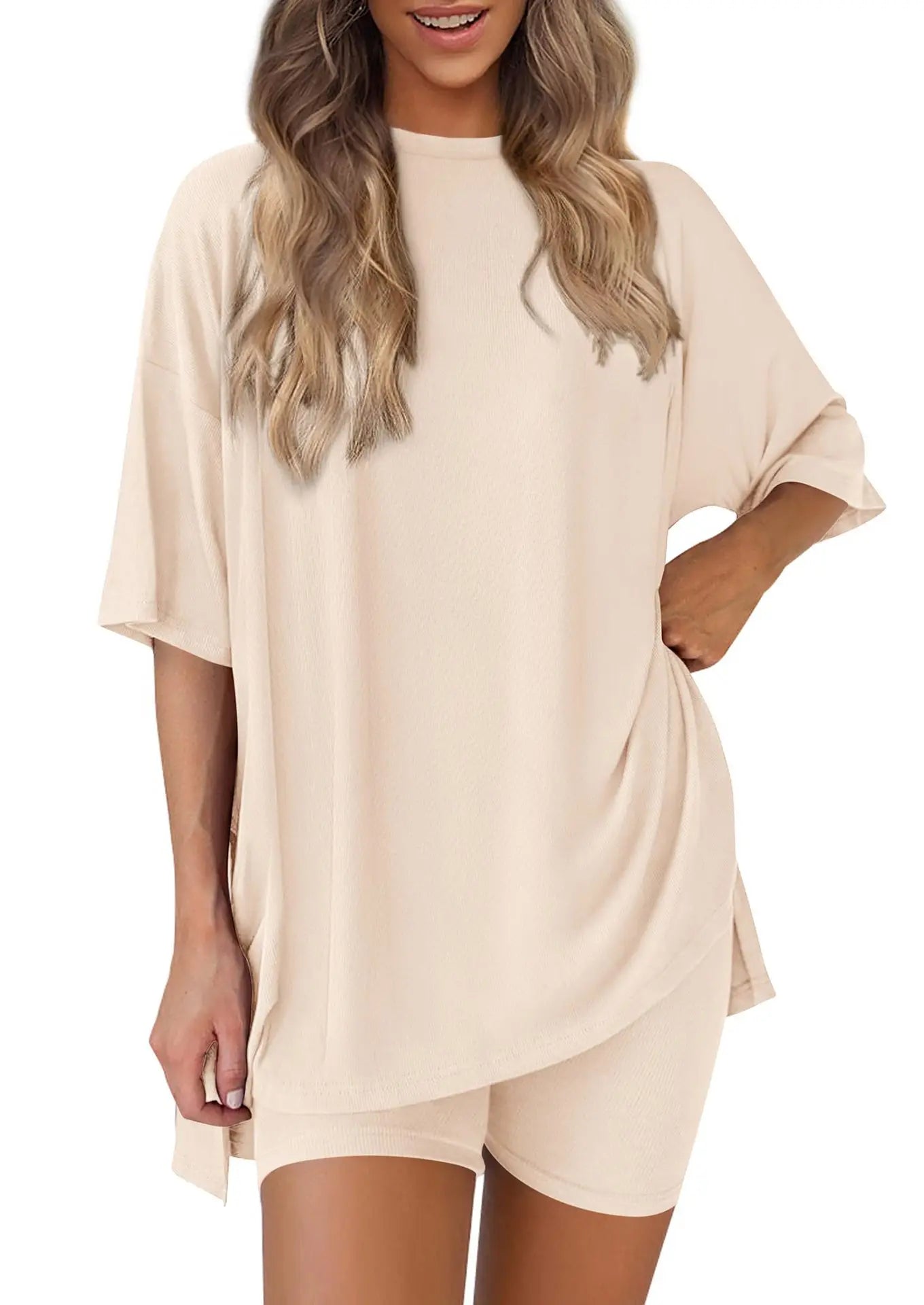 2025 Spring Summer Set Loose Fashion Solid Color Casual Loose Short Sleeve Shorts Set with Pocket Two Piece Suit Pijama Mujer