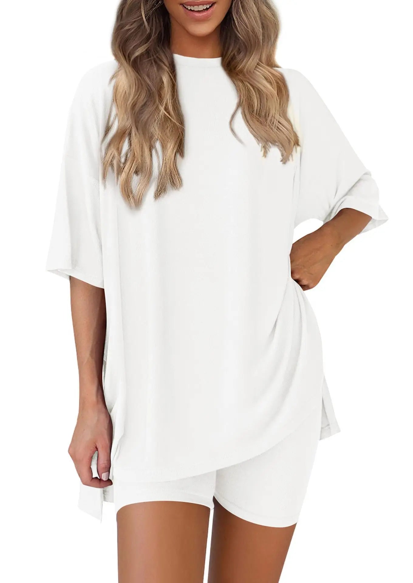 2025 Spring Summer Set Loose Fashion Solid Color Casual Loose Short Sleeve Shorts Set with Pocket Two Piece Suit Pijama Mujer