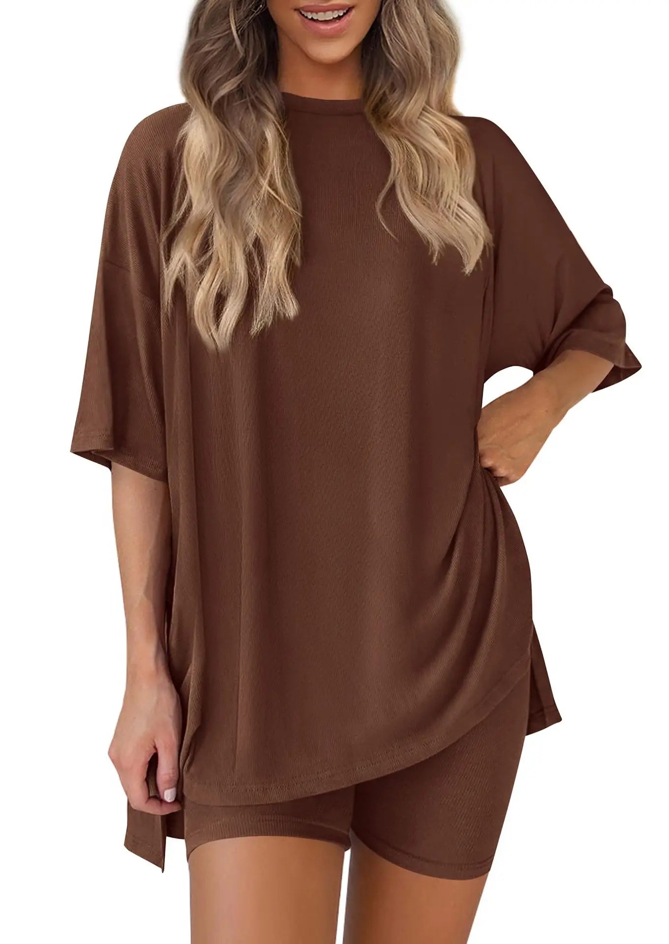 2025 Spring Summer Set Loose Fashion Solid Color Casual Loose Short Sleeve Shorts Set with Pocket Two Piece Suit Pijama Mujer