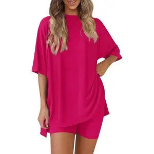 2025 Spring Summer Set Loose Fashion Solid Color Casual Loose Short Sleeve Shorts Set with Pocket Two Piece Suit Pijama Mujer