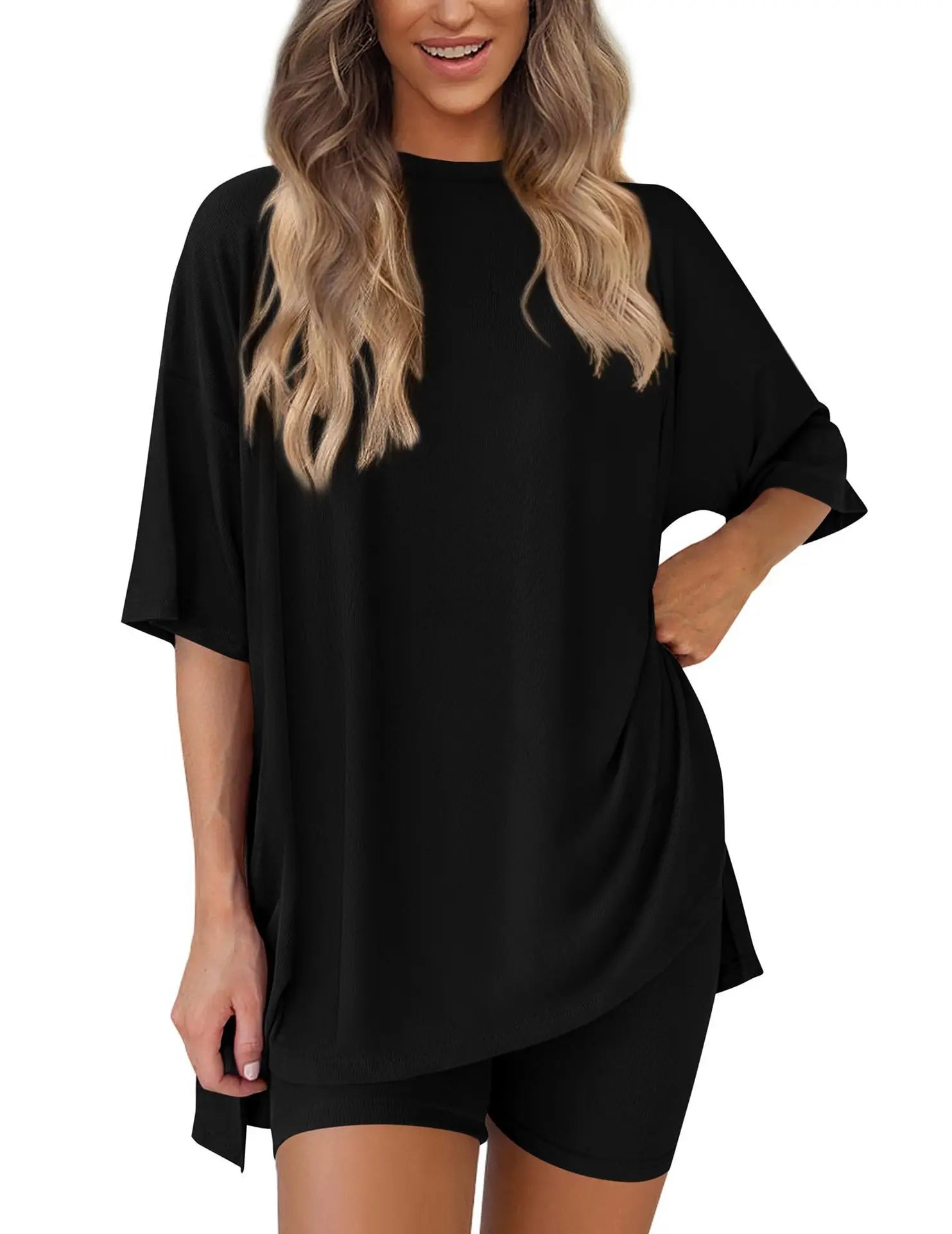 2025 Spring Summer Set Loose Fashion Solid Color Casual Loose Short Sleeve Shorts Set with Pocket Two Piece Suit Pijama Mujer