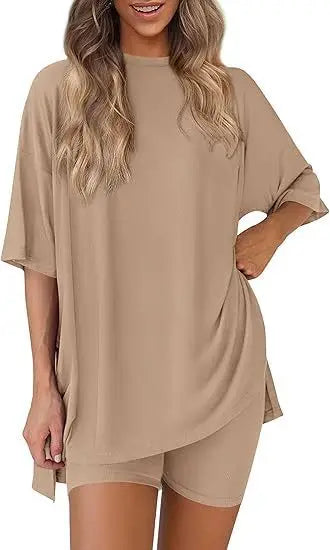 2025 Spring Summer Set Loose Fashion Solid Color Casual Loose Short Sleeve Shorts Set with Pocket Two Piece Suit Pijama Mujer
