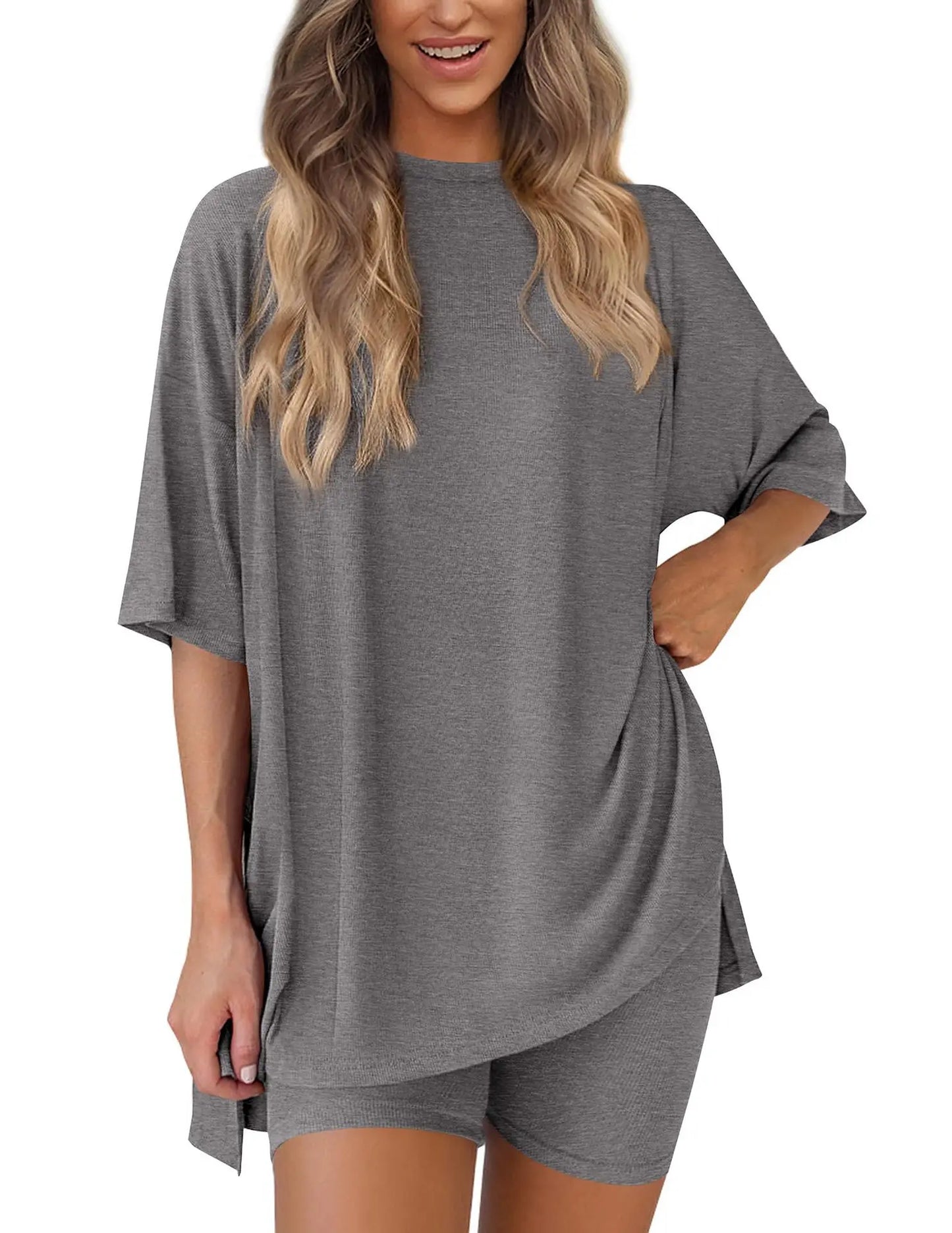 2025 Spring Summer Set Loose Fashion Solid Color Casual Loose Short Sleeve Shorts Set with Pocket Two Piece Suit Pijama Mujer