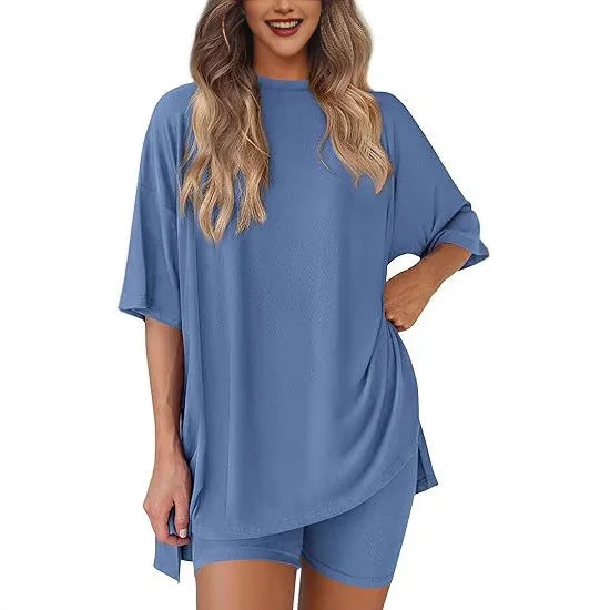 2025 Spring Summer Set Loose Fashion Solid Color Casual Loose Short Sleeve Shorts Set with Pocket Two Piece Suit Pijama Mujer