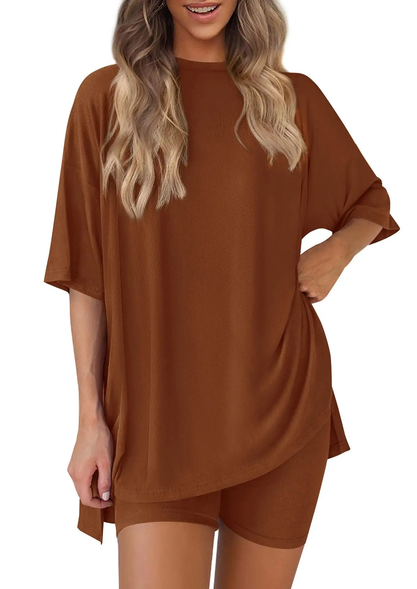2025 Spring Summer Set Loose Fashion Solid Color Casual Loose Short Sleeve Shorts Set with Pocket Two Piece Suit Pijama Mujer