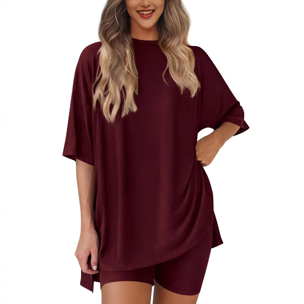 2025 Spring Summer Set Loose Fashion Solid Color Casual Loose Short Sleeve Shorts Set with Pocket Two Piece Suit Pijama Mujer