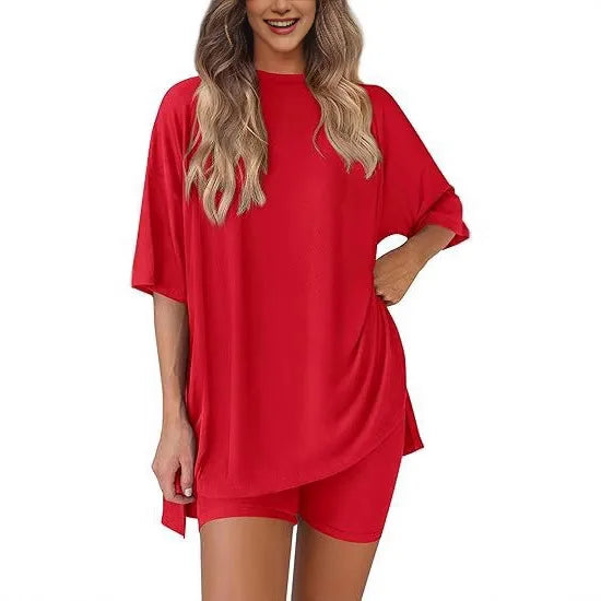 2025 Spring Summer Set Loose Fashion Solid Color Casual Loose Short Sleeve Shorts Set with Pocket Two Piece Suit Pijama Mujer