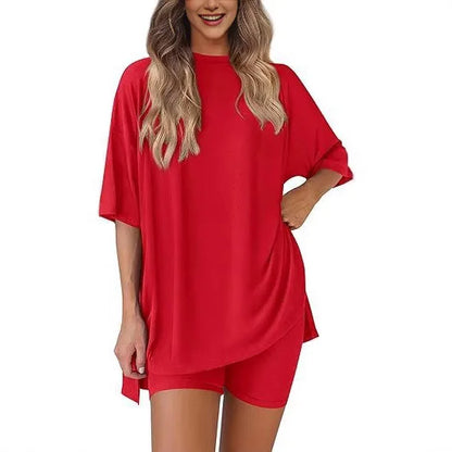 2025 Spring Summer Set Loose Fashion Solid Color Casual Loose Short Sleeve Shorts Set with Pocket Two Piece Suit Pijama Mujer