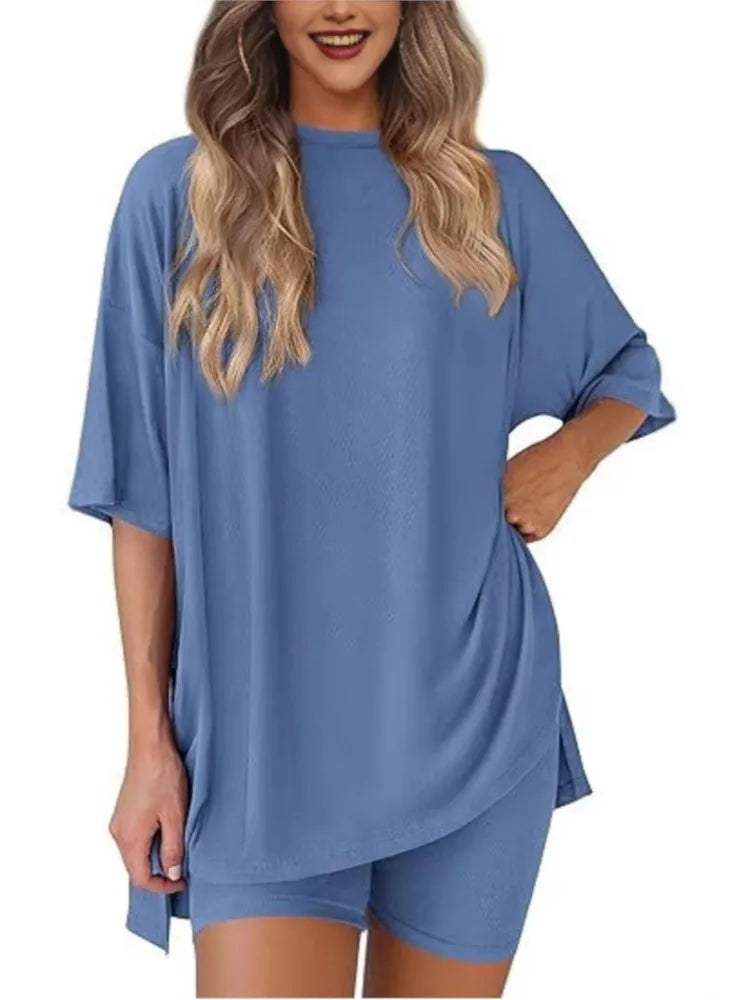 2025 Spring Summer Set Loose Fashion Solid Color Casual Loose Short Sleeve Shorts Set with Pocket Two Piece Suit Pijama Mujer