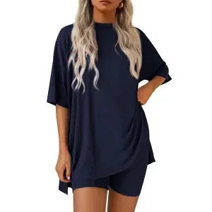 2025 Spring Summer Set Loose Fashion Solid Color Casual Loose Short Sleeve Shorts Set with Pocket Two Piece Suit Pijama Mujer