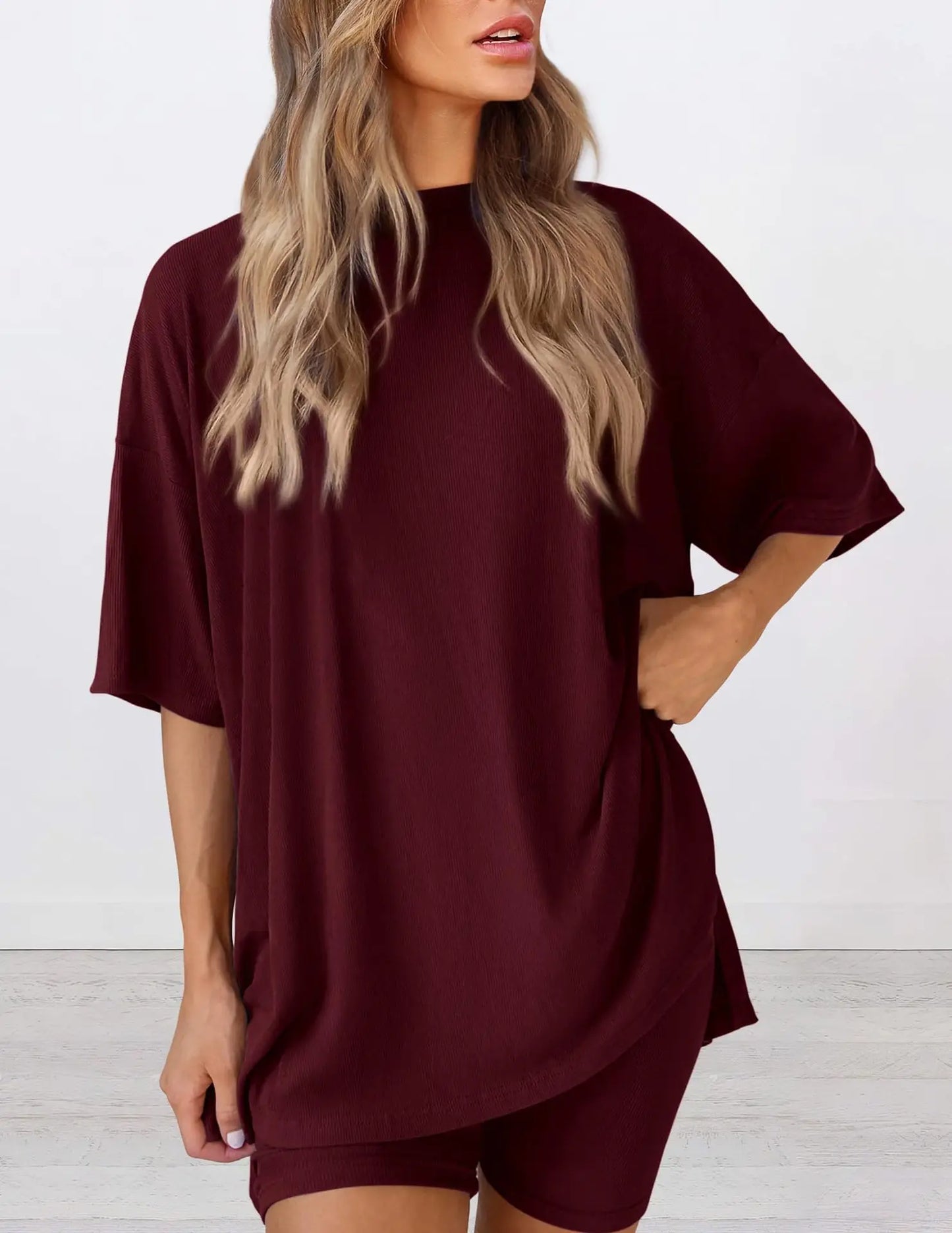 2025 Spring Summer Set Loose Fashion Solid Color Casual Loose Short Sleeve Shorts Set with Pocket Two Piece Suit Pijama Mujer