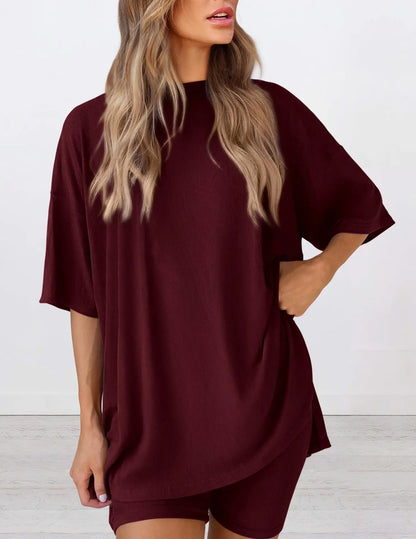 2025 Spring Summer Set Loose Fashion Solid Color Casual Loose Short Sleeve Shorts Set with Pocket Two Piece Suit Pijama Mujer