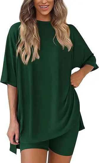 2025 Spring Summer Set Loose Fashion Solid Color Casual Loose Short Sleeve Shorts Set with Pocket Two Piece Suit Pijama Mujer