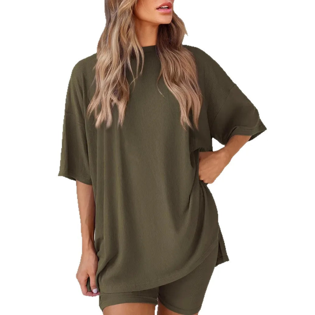 2025 Spring Summer Set Loose Fashion Solid Color Casual Loose Short Sleeve Shorts Set with Pocket Two Piece Suit Pijama Mujer