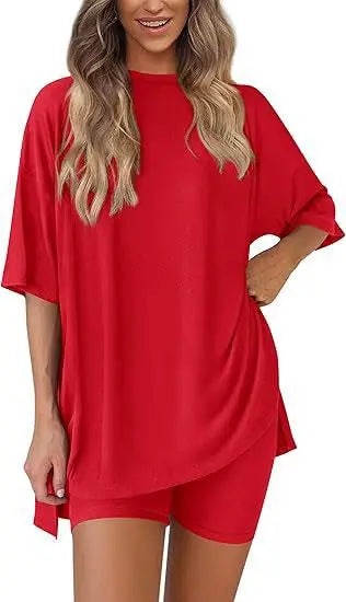 2025 Spring Summer Set Loose Fashion Solid Color Casual Loose Short Sleeve Shorts Set with Pocket Two Piece Suit Pijama Mujer