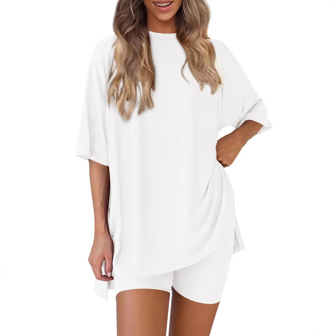 2025 Spring Summer Set Loose Fashion Solid Color Casual Loose Short Sleeve Shorts Set with Pocket Two Piece Suit Pijama Mujer